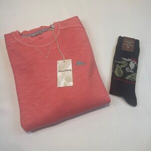 Tommy Bahama Mens Crew Neck Sweatshirt Coral Long Sleeve Pullover Casual Socks L